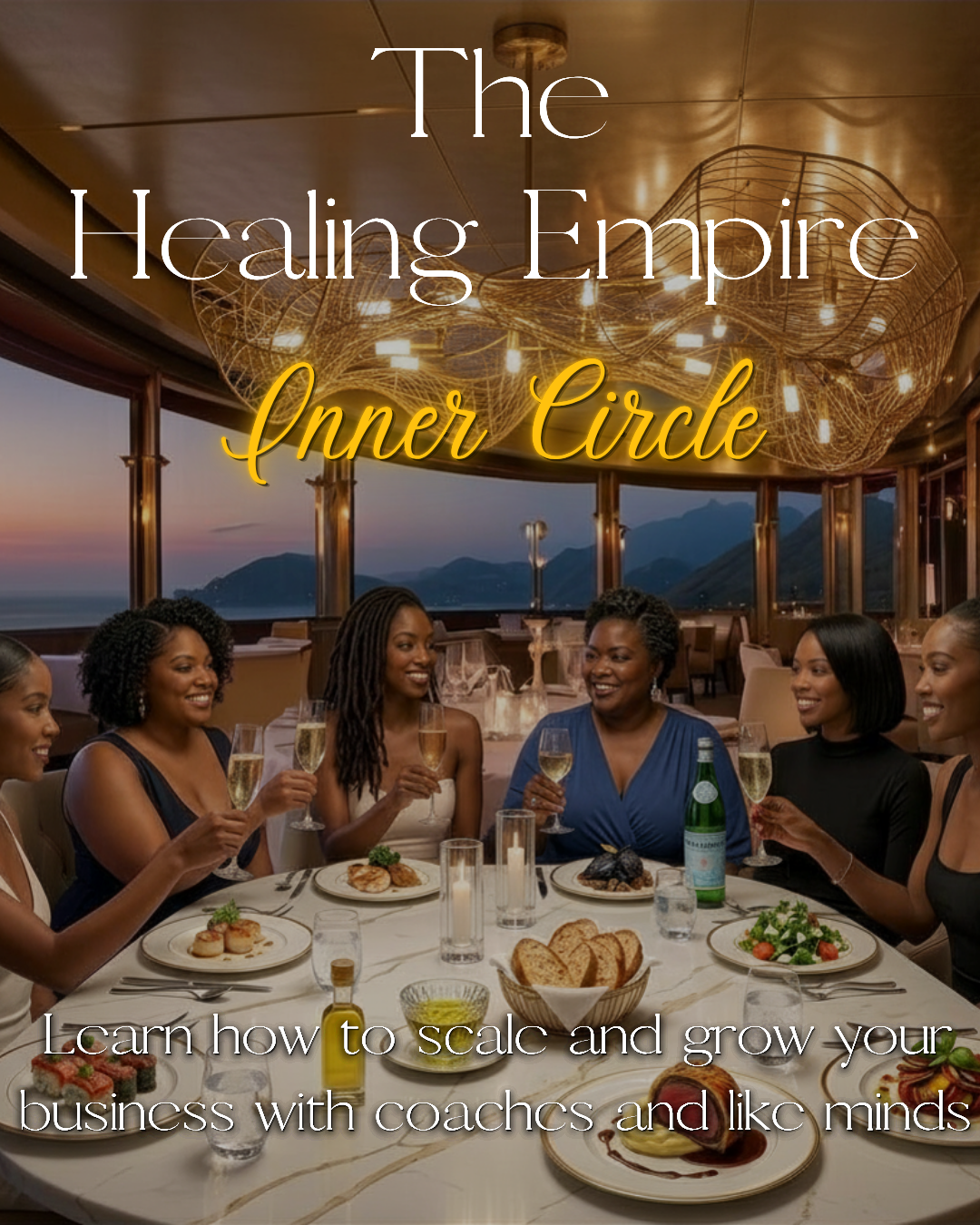 Women toasting at a luxury Inner Circle dinner with ocean view